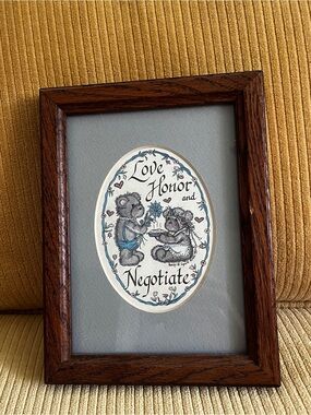Vintage Parker Framed Print Love Honor 90 Country cottage Teddy Bear calligraphy